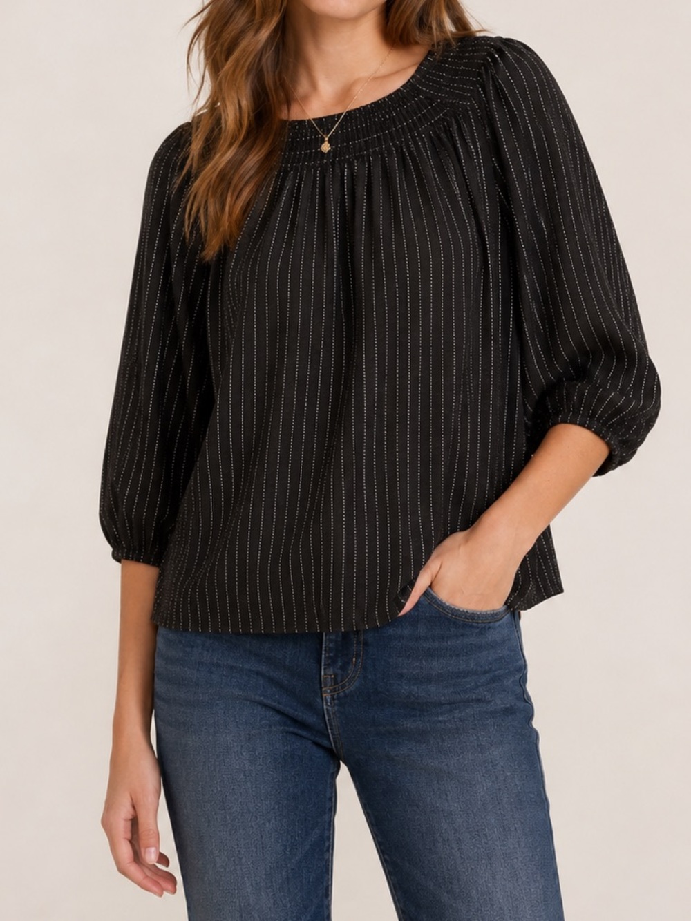 Adrianna Papell Black Pinstripe Smocked Neck Blouse Size Large